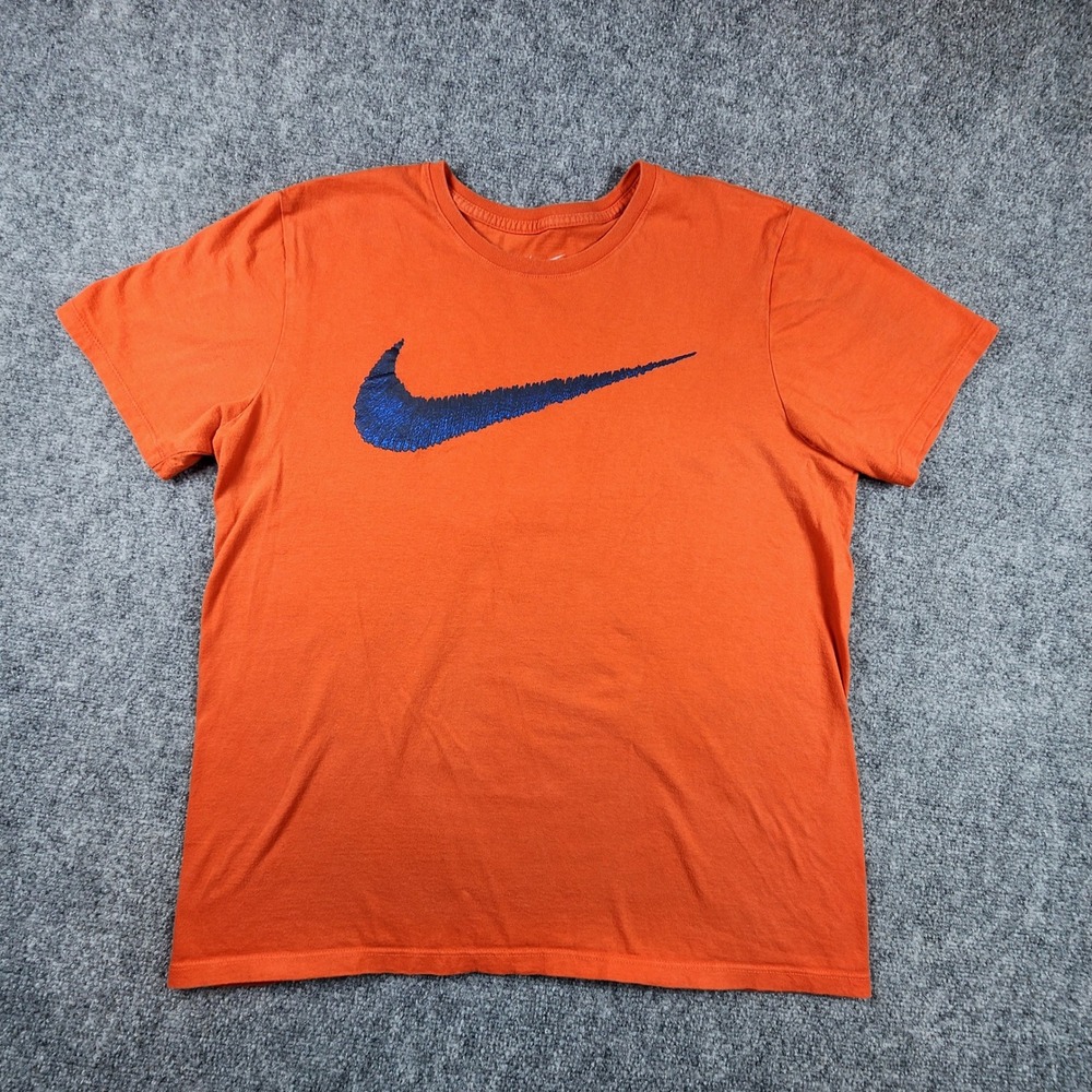 Nike Mens Large Orange Blue Textured Swoosh Athletic Cut Crew Neck T-Shirt